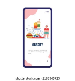 Overweight and obesity problem banner for mobile app screen, flat cartoon vector. Onboarding mobile phone application page design for obesity and BMI topic.