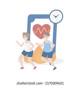 Overweight and obesity,Fat man and woman bloated belly jogging,Calories burned routine lose weight activity,Healthy Lifestyle,Vector illustration.