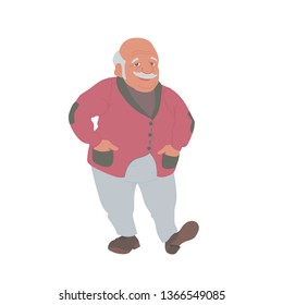 Overweight Old Man, Retired Obese Grandfather, Elder Person, Senior Citizen Standing And Smiling - Cartoon Flat Vector Character Isolated On White Background, Illustration In EPS 10 Format