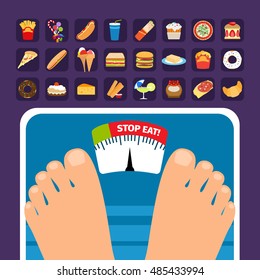 Overweight on scale concept with sweets icons. Stop eating fatty food vector illustration