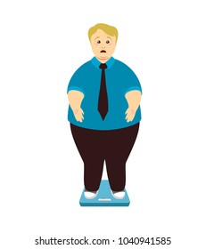 Overweight pained man weighed on scales. Vector illustration