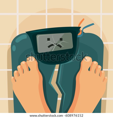 Overweight people. Broken scales. Vector flat cartoon illustration