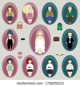 Overweight people in different clothes. Group of men and women flat cartoons. Vector illustration