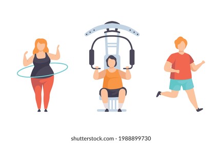 Overweight People Doing Sports Set, Fat Man and Woman Flexing Muscles on Trainer Gym Machine, Running, Spinning Hula Hoop Flat Vector Illustration