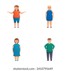 Overweight people icons set cartoon vector. Man and woman overweight. Obese, health problem