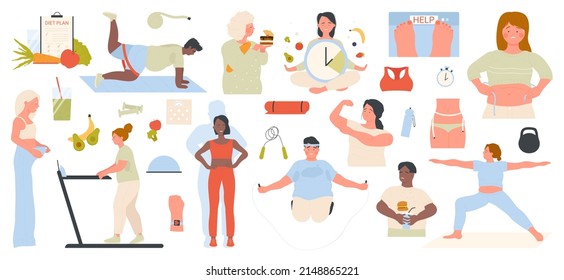 Overweight people lose weight set vector illustration. Cartoon young woman and man control calories on diet, do healthy sport exercises isolated on white. Motivation, fitness, lifestyle concept