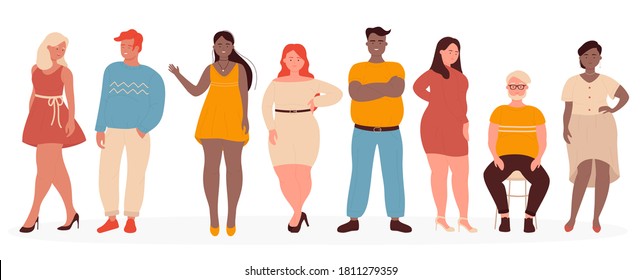 Overweight people vector illustration. Cartoon flat woman man model characters wearing casual clothes standing in row, plus size guy and girl smiling, cute body positive persons set isolated on white