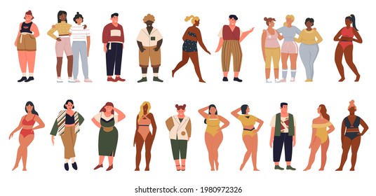 Overweight people vector illustration set. Cartoon young plus size man woman characters wearing fashion casual clothes, standing in row, fat body shape girls in bikini swimsuit isolated on white