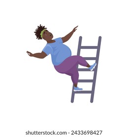 Overweight person climbing up ladder, plus size character stumbling vector illustration