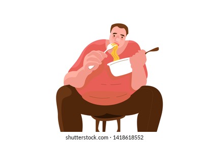 Overweight person eating noodles.Vector illustration
