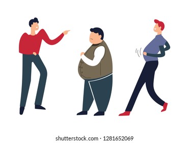 Overweight person going down street people mocking fat male vector humiliation and mockery from males bad lifestyle of man fellows mockery pressure on character with big abdomen big size embarrass.