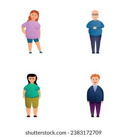 Overweight person icons set cartoon vector. Man and woman overweight. Obese, health problem