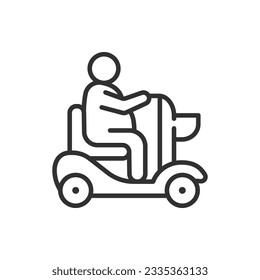 Overweight person on Motorized Shopping Cart, linear icon. Line with editable stroke