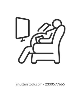 Overweight person sits on the couch, eats and watches TV, linear icon, bad lifestyle. Line with editable stroke