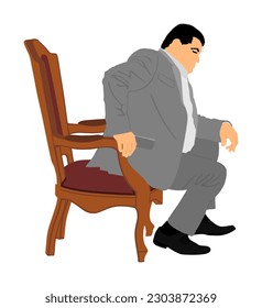 Overweight person sitting and resting. Director on duty. Politician man. Confident leader, big mafia boss. Businessman sitting in chair in office vector illustration. Manager on meeting. Man in suite.