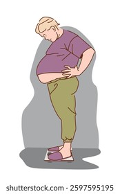 Overweight person stands on a weighing scale, looking down at their belly with concern. Flat vector illustration on a white background, representing obesity and weight issues