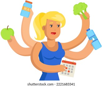 Overweight person uses equipment to lose weight. Calorie counter, proper nutrition, natural food. Multitask woman with different weight losing symbols. Girl with many hands coping with multitasking
