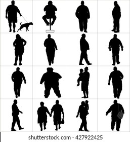 Overweight persons, seniors, man, woman vector silhouette illustration isolated on white background. Active walking life.