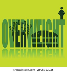 Overweight poster. Vector poster on a social theme. Word overweight on green background with reflection.