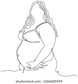 An overweight pregnant woman holds a round belly in one line on a white background. The concept of a woman in the position of expecting a child at the 9th month. Stock vector illustration.