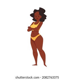 Overweight pretty african american woman in bikini suit, flat vector illustration isolated on white background. Female character for topic of diverse beauty and diet.