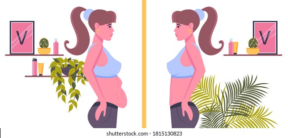 Overweight. Reducing fat in the abdominal area. Woman's body before and after weight loss, diet, fitness or liposuction.