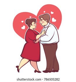 Overweight Romantic Couple, Happy Cartoon Vector Man And Woman Dancing  On Heart Background