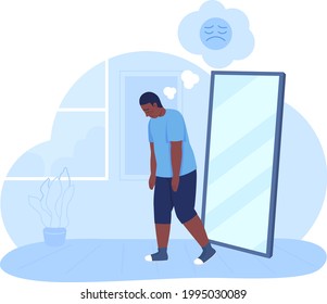 Overweight sad teenage boy 2D vector isolated illustration. Mental health issue. Teen with depressing thoughts about his body flat characters on cartoon background. Teenager problem colourful scene