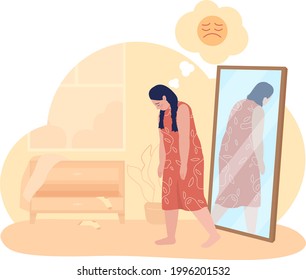 Overweight Sad Teenage Girl 2D Vector Isolated Illustration. Obesity Issue. Negative Thoughts. Upset Teen In Front Of Mirror Flat Characters On Cartoon Background. Teenager Problem Colourful Scene