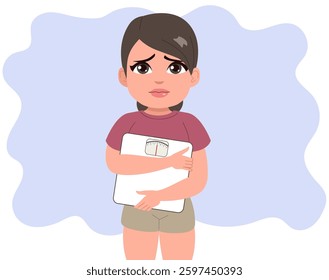 Overweight sad woman holding weight scale vector illustration. Girl suffering from body dysmorphia fearing weighing herself concept