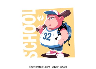 Overweight school boy with bat vector illustration. Chubby cartoon character in school uniform flat style. Pudgy kid have excess weight. Childhood concept. Isolated on white background