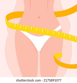 From overweight to slim. Beauty woman body with tape measure entwined around. Losing weight concept. Perfect toned young girl. Vector illustration isolated.