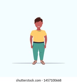 overweight smiling boy over size child standing pose unhealthy lifestyle concept obese african american male cartoon character full length flat white background