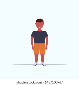 overweight smiling boy over size child standing pose unhealthy lifestyle concept obese african american male cartoon character full length flat white background