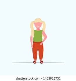 overweight smiling girl over size child standing pose unhealthy lifestyle concept obese casual female cartoon character full length flat white background