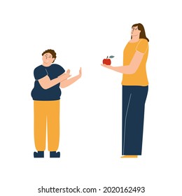 Overweight son refuses healthy dietary food for mother.  Food picky child. Childhood obesity concept. Vector illustration in flat style
