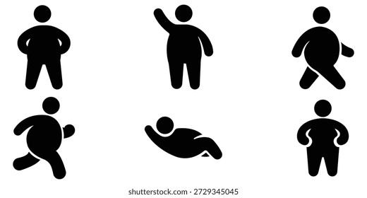 Overweight stickman pose set, Body shape silhouette collection, Plus size human figure pack