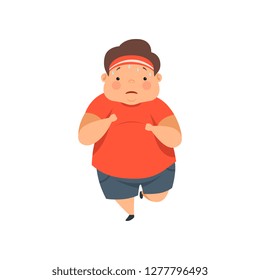 Overweight sweaty boy running, cute chubby child cartoon character vector Illustration on a white background