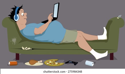 Overweight teenager lying on a dirty torn couch with a laptop, sitting on his stomach, junk food lying on the floor, vector illustration, no transparencies, EPS 8
