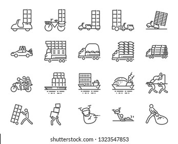 Overweight transport line icon set. Included icons as shipping, delivery, heavy, truck, trailer and more. svg