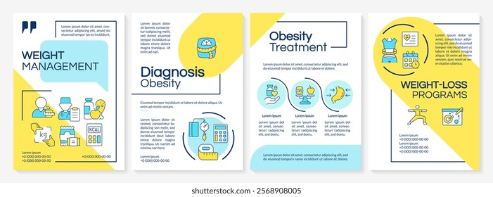 Overweight treatment blue and yellow brochure template. Calories calculating, nutrition. Leaflet design with linear icons. Editable 4 vector layouts