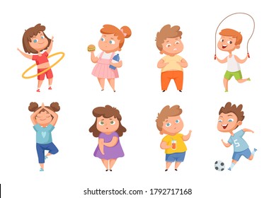 Overweight vs sporty children. Confused fat kids, happy thin boys girls. Healthy and unhealthy lifestyle vector characters