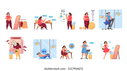 Overweight woman become thin process. Idea of fitness and healthy diet. Weight loss process. Woman with big belly , person suffer from obesity. Isolated vector illustration in cartoon style