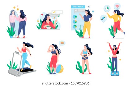 Overweight woman become thin process. Idea of fitness and healthy diet. Weight loss process. Woman with big belly , person suffer from obesity. Isolated vector illustration in cartoon style