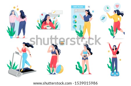 Overweight woman become thin process. Idea of fitness and healthy diet. Weight loss process. Woman with big belly , person suffer from obesity. Isolated vector illustration in cartoon style