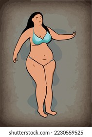 Overweight woman in bikini. Ashamed of your body. Body Positive  illustration Vector Cartoon Drawing