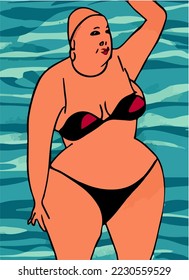 Overweight woman in bikini. Ashamed of your body. Body Positive  illustration Vector Cartoon Drawing