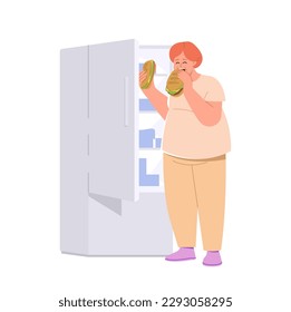Overweight woman character eating sandwich standing front of opened refrigerator isolated on white