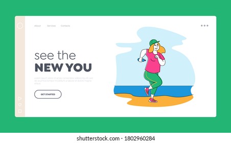 Overweight Woman Character Healthy Sport Life Landing Page Template. Fat Girl in Sports Wear Running on Beach, Fitness Activity, Aerobics Pilates Workout Training Class. Linear Vector Illustration