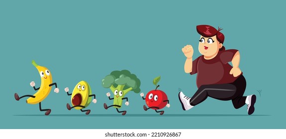 
Overweight Woman Chasing a Healthy Diet Vector Cartoon Illustration. Cheerful person exercising and eating clean for a better health
